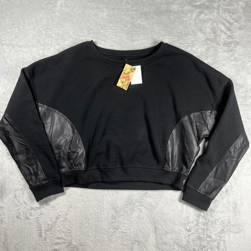 Vintage Southpole Womens Black Cropped Sweatshirt Faux Leather Perforated XL